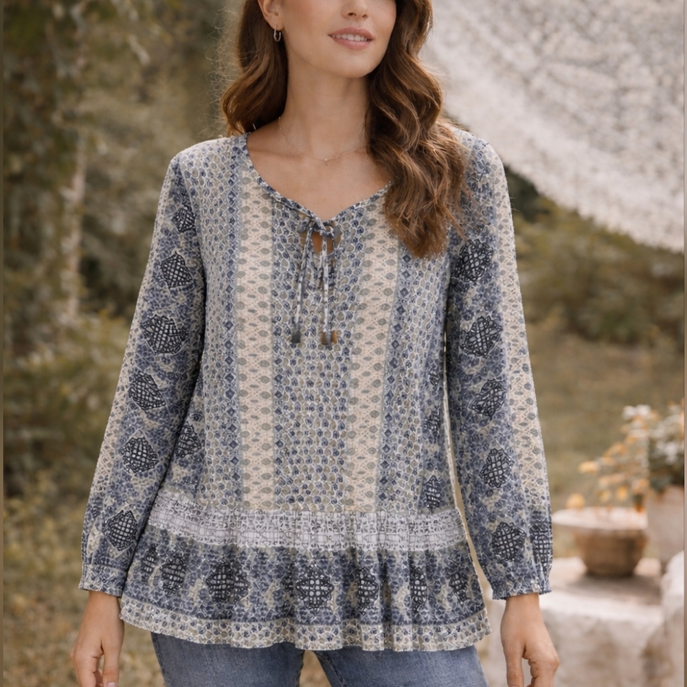 Rose & Olive Printed Long-Sleeve Peasant Tunic Top Navy Cream Size M Boho Chic